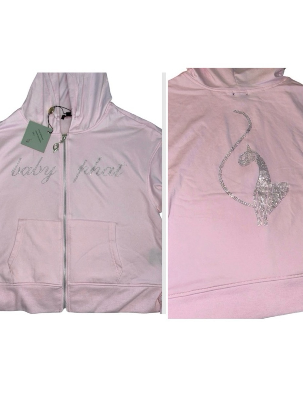 BABY PHAT LIGHT PINK BLING RHINESTONE LOGO & CAT SOFT ZIP UP CROPPED HOODIE NWT